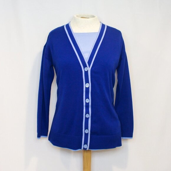 Talbots Royal Blue Contrast Trim Button Front V Neck Cardigan + Matching Shirt - Picture 12 of 13